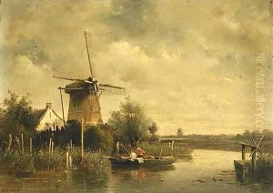 Anglers In A River Landscape by Charles Henri Leickert