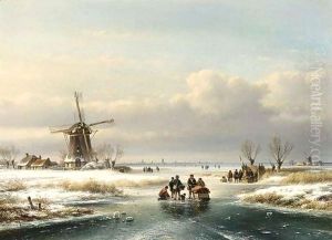 A Winter Landscape With Figures On A Frozen Waterway