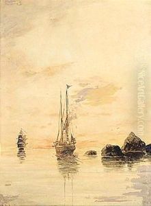 Sailing Boats At Sunset by Constantinos Volanakis