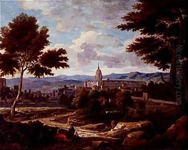 Southern landscape with figures and monastery in distance - view 1