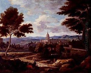 Southern landscape with figures and monastery in distance