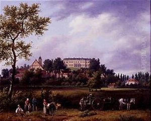 Landscape with peasants working in the fields with a town and a manor house by Guiseppe Canella
