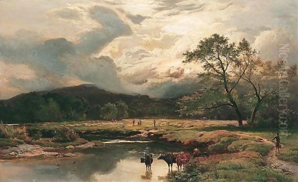 Figures And Cattle In A Mountain River Landscape - view 1
