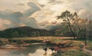 Figures And Cattle In A Mountain River Landscape by Sidney Richard Percy