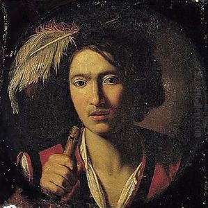 A Portrait Of A Young Man, Head And Shoulders, Wearing A Plumed Hat And Holding A Flute