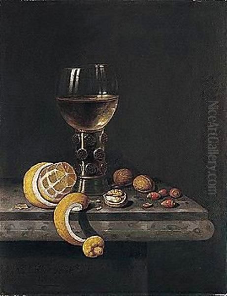 A Still Life Of A Roemer, Peeled Lemon, Walnuts And Hazelnuts Upon A Stone Ledge - view 1