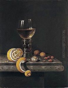 A Still Life Of A Roemer, Peeled Lemon, Walnuts And Hazelnuts Upon A Stone Ledge by Edwart Collier