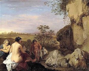 A Classical Landscape With Bathing Nymphs by Cornelis Van Poelenburgh