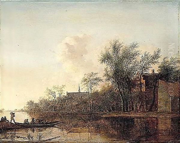 River Landscape With A Ferry Boat Near A Village by Anthony Jansz van der Croos