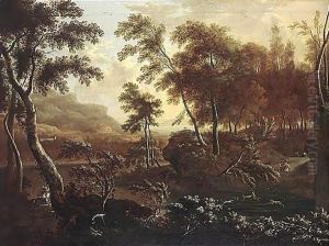 A Wooded Landscape With A Hunting Party At The Edge Of A River