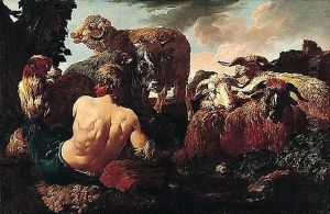 A Shepherd Resting With His Flock And A Cow by Philipp Peter Roos