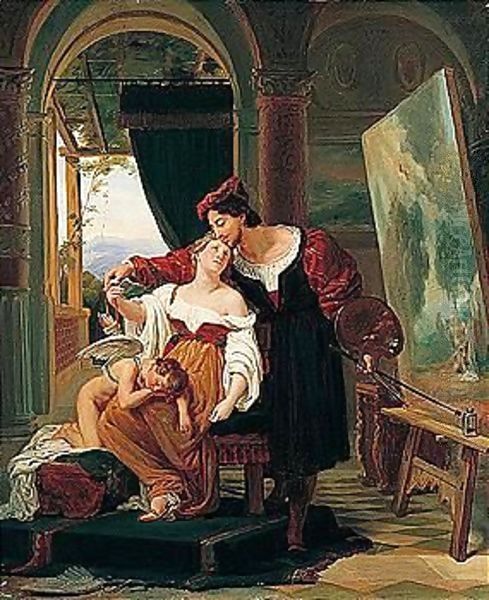 An Artist Painting A Model Of Venus And Cupid In His Studio - view 1