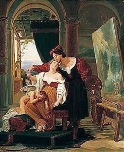 An Artist Painting A Model Of Venus And Cupid In His Studio by Auguste Jean-Baptiste Vinchon