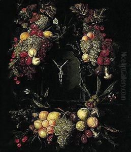 Still Life Of Garlands Of Fruit Encircling A Stone Niche, Within Which Stands A Crucifix by Jan Pauwel Gillemans The Elder