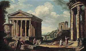 Capriccio of classical ruins, with the borghese vase, the maison carree at nimes, the pont du gard near Nimes by Giovanni Paolo Panini