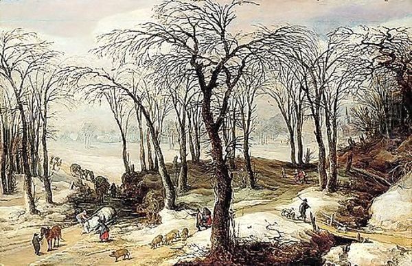 A winter landscape with an overturned horse-drawn cart, and figures driving a herd of pigs down a track - view 1