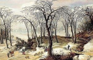 A winter landscape with an overturned horse-drawn cart, and figures driving a herd of pigs down a track by Joos De Momper