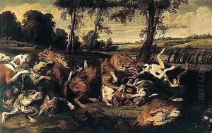 A River Landscape With Hounds Attacking Wolves, Huntsmen Emerging From A Wood Beyond