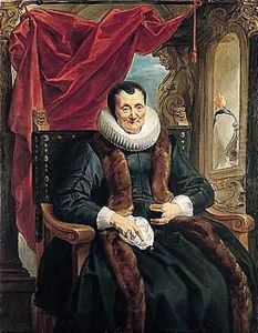Portrait Of Magdalena De Cuyper, Seated Three-quarter Length In Black, With White Lace Cuffs And Ruff, And A Fur-trimmed Coat, Before An Opening Partly Concealed By A Draped Red Cloth by Jacob Jordaens