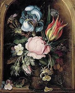 A Still Life Of An Iris, A Tulip, A Rose, Moss-roses And Other Flowers And Plants In A Glass Vase, Flanked By A Lizard And A Dragonfly, All Within A Stone Niche by Roelandt Jacobsz Savery