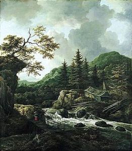 A Torrent In A Scandinavian Wooded Landscape With A Peasant Crossing A Wooden Bridge And Cottages On The Far Bank Of The River by Jacob Van Ruisdael