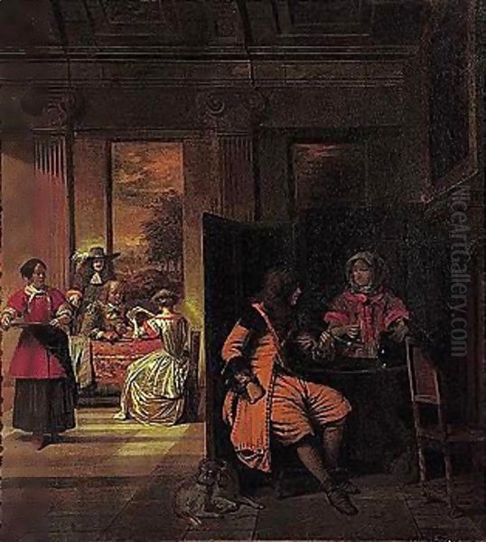 A Man And A Serving Woman Behind A Screen, With Card Players Beyond - view 1