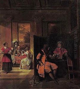 A Man And A Serving Woman Behind A Screen, With Card Players Beyond