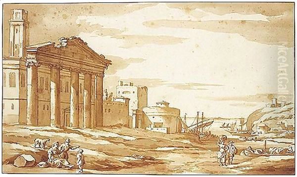 Capriccio With Peasants By Roman Ruins And Other Buildings, A Mediterranean Harbour Behind - view 1