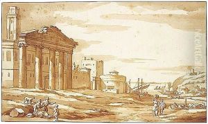 Capriccio With Peasants By Roman Ruins And Other Buildings, A Mediterranean Harbour Behind