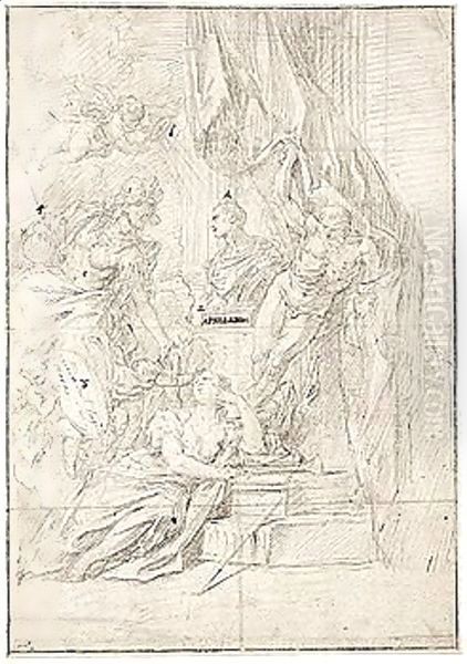 Design For A Frontispiece, With Minerva, Putti Holding A Shield, Fame And Time Around A Bust, And A Putto Above Holding A Circular Glass Marked With A Cross Which Directs Beams Of Light Onto The Bust - view 1