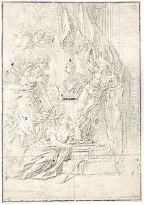 Design For A Frontispiece, With Minerva, Putti Holding A Shield, Fame And Time Around A Bust, And A Putto Above Holding A Circular Glass Marked With A Cross Which Directs Beams Of Light Onto The Bust