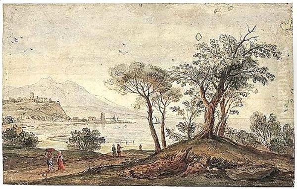 Landscape With Trees And Figures Near A Coastline, The Buildings Of A Small City And A Port In The Background - view 1