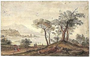 Landscape With Trees And Figures Near A Coastline, The Buildings Of A Small City And A Port In The Background by Caspar Andriaans Van Wittel