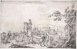 A Landscape With Peasants By A Bridge, And A Town In The Background by Giuseppe Zais