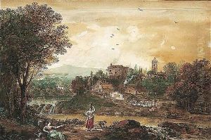 Women Washing Clothes In A River, Their Village On The Opposite Bank