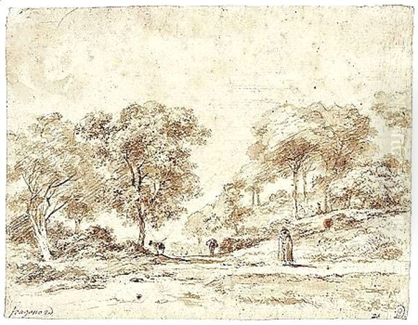 A Wooded Landscape, With A Cloaked Figure In The Foreground, A Small Party Seated Under The Trees To The Right And Two Tethered Mules - view 1