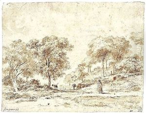 A Wooded Landscape, With A Cloaked Figure In The Foreground, A Small Party Seated Under The Trees To The Right And Two Tethered Mules