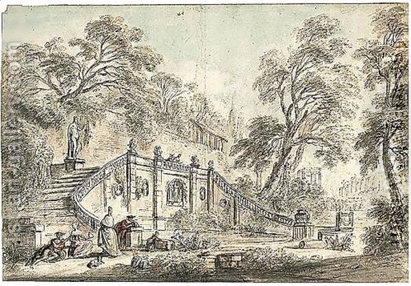Elegant Figures By A Double Flight Of Steps In An Italian Garden - view 1