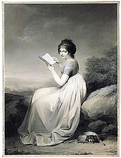 An Elegant Woman Seated In A Landscape, Glancing Up From A Book, Her Dog Curled At Her Feet - view 1
