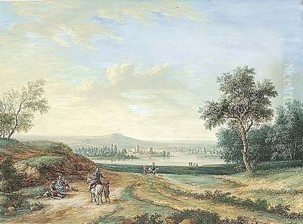 A Panoramic Landscape, With A Town On A River In The Middle Distance And Peasants In The Foreground - view 1