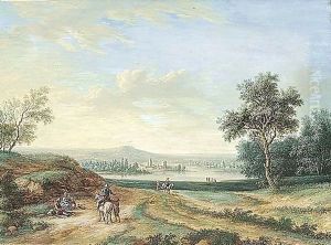 A Panoramic Landscape, With A Town On A River In The Middle Distance And Peasants In The Foreground