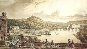 A Capriccio View Of A River With A Splendid Harbour Formed From A Half Submerged Amphitheatre, With The Sea Beyond And A Viaduct And Temples On The The Hills Above by Franz Kaisermann