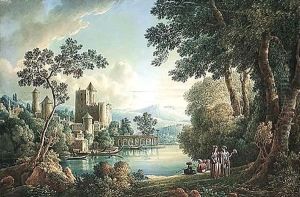 A Capriccio View With Turkish Figures By A Lake, A City With A Fortress And A Minaret On The Other Bank