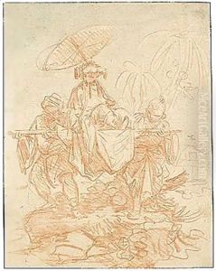 A Chinese Potentate Carried On A Litter By Two Boys