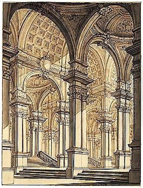 A Palace Courtyard With Arches Leading To Flights Of Steps - view 1