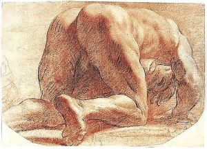 A crouching man, seen from behind