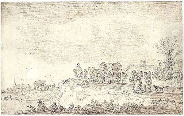 Waggons On The Way To Market, Peasant Women Carrying Flagons On Their Backs In The Foreground - view 1