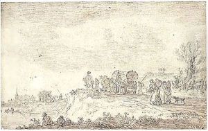 Waggons On The Way To Market, Peasant Women Carrying Flagons On Their Backs In The Foreground by Jan van Goyen
