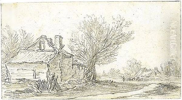 A Sketchbook Sheet A Cottage Beside Trees To The Left, And A Path To The Right And Other Cottages And Animals Behind - view 1