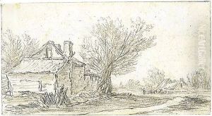 A Sketchbook Sheet A Cottage Beside Trees To The Left, And A Path To The Right And Other Cottages And Animals Behind by Jan van Goyen